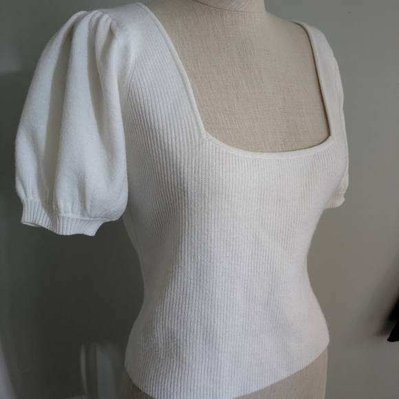 French Connection White Puff Sleeve Ribbed Blouse - Picture 1 of 7